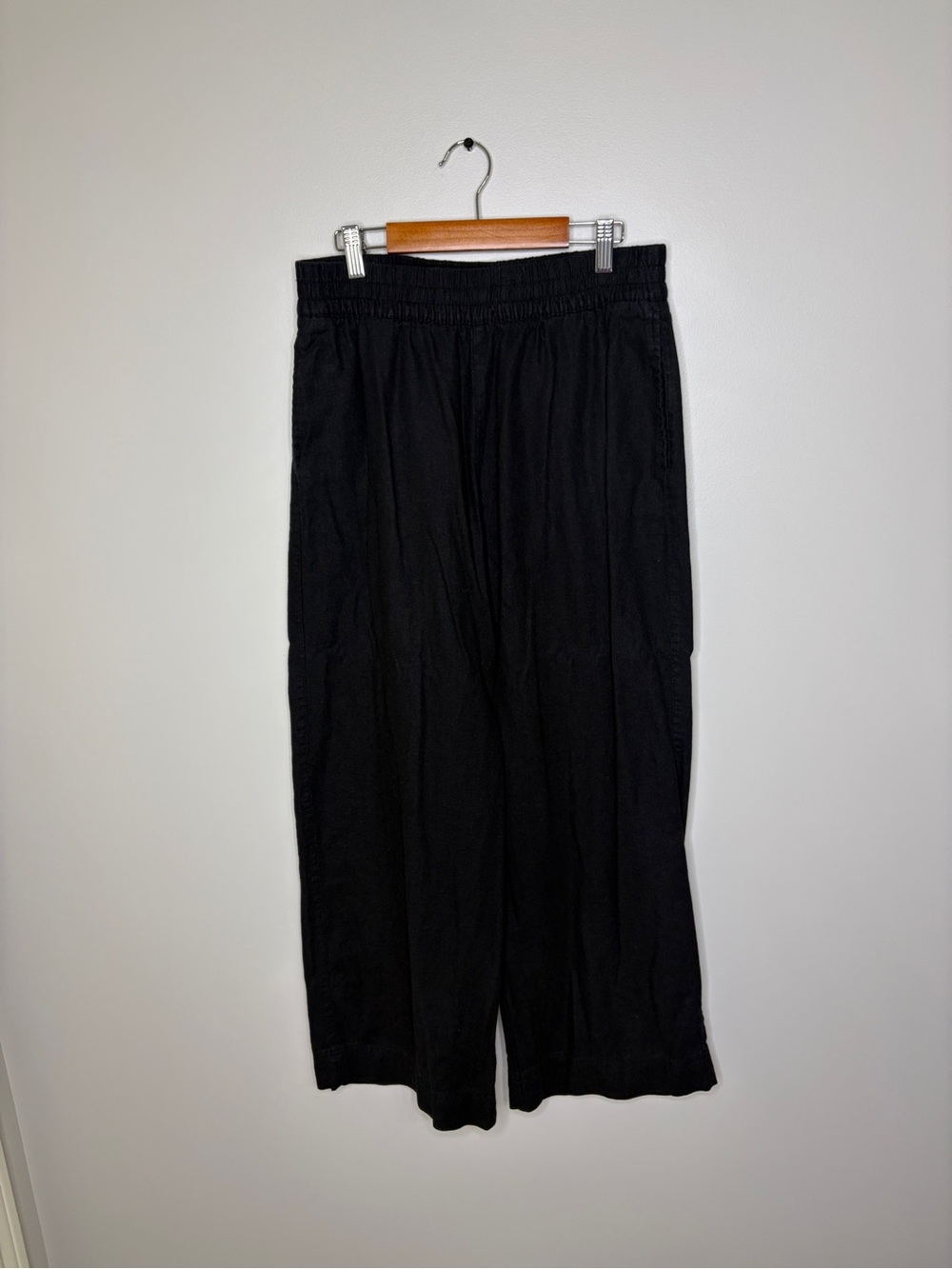 Women's Black Wide-Leg Linen Blend Elastic Waist Pants Medium